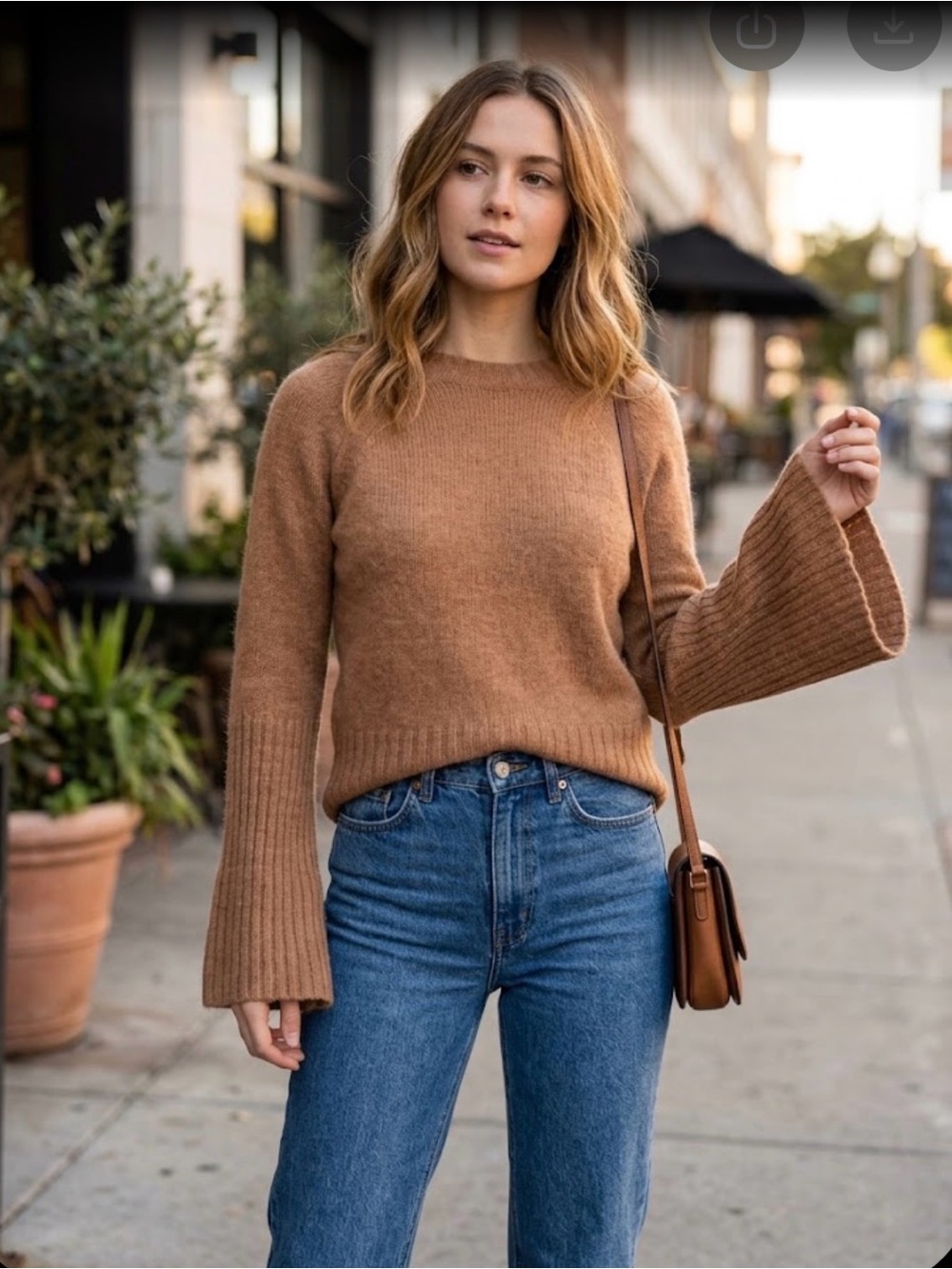 360 Cashmere Sweater textured vertical rib knit, long flare sleeves Size L